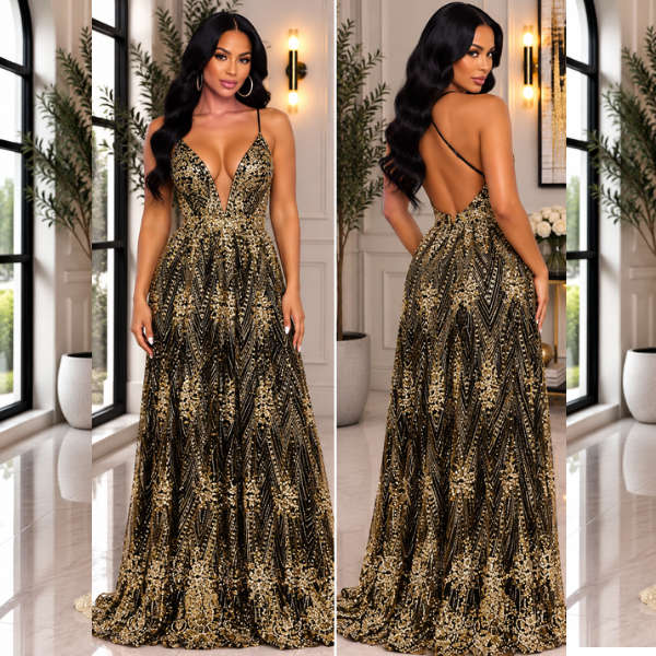 Sandy Glitter Floral Maxi Dress-Black