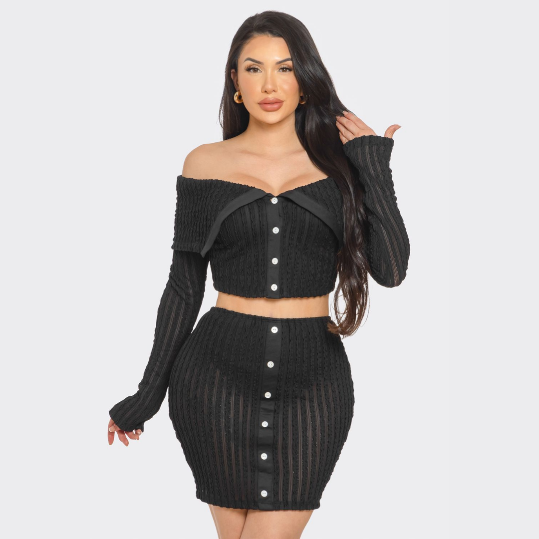 Midnight Muse Off-Shoulder Buttoned Two-Piece Mini Dress Set | Sexy Knit Skirt S