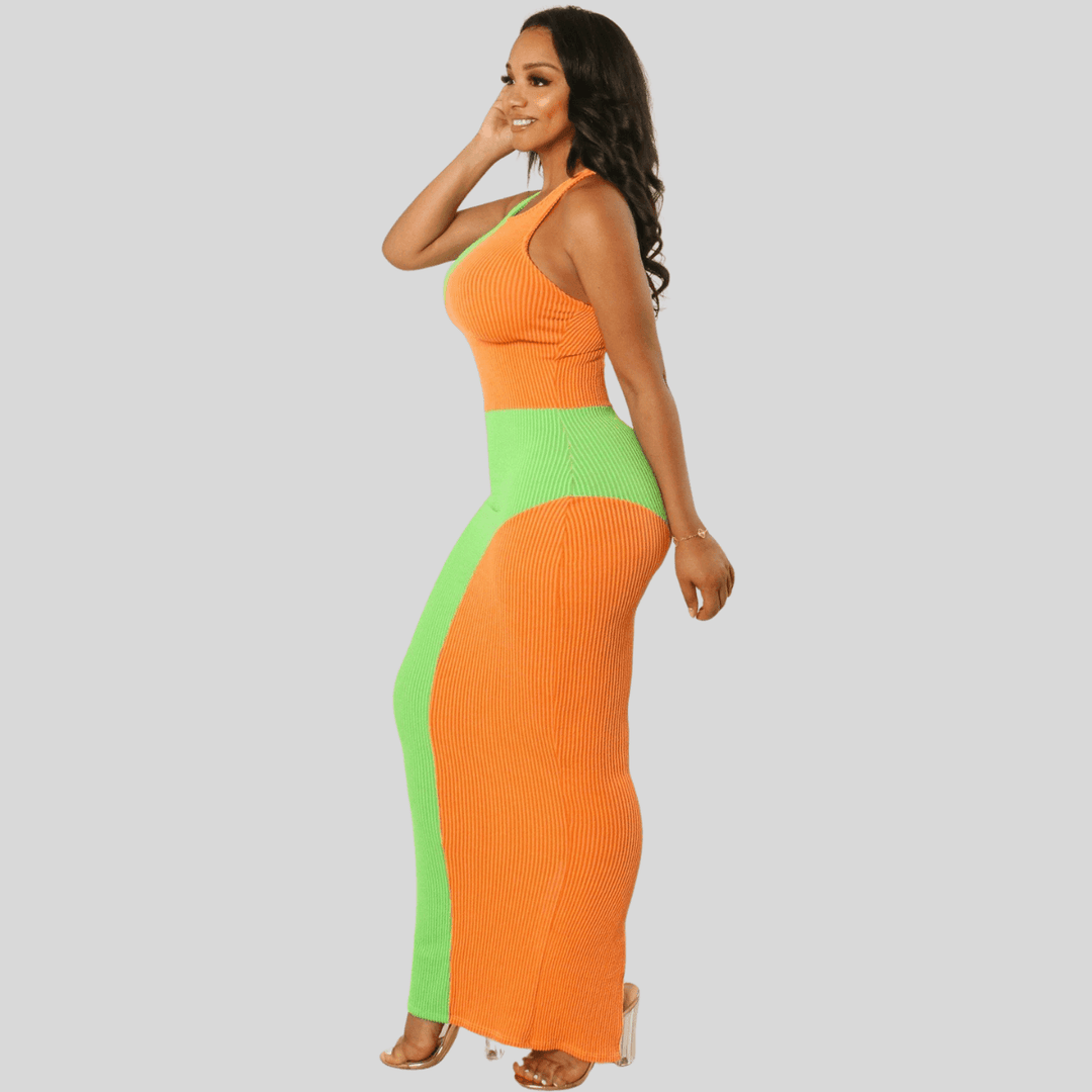 Lara Two Tone Color Block Ribbed Sleeveless Long Dress Casual Summer Maxi Bodycon Dress Orange/Lime / Large Lara Two Tone Color Block Ribbed Sleeveless Long Dress Casual Summer Maxi Bodycon Dress Orange/Lime / Large