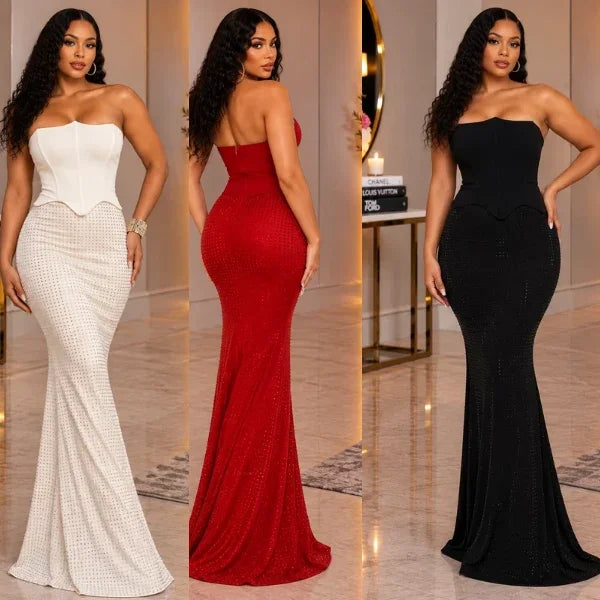 Strapless Rhinestone Mermaid Maxi Dress – Elegant Corset Formal Gown for Women