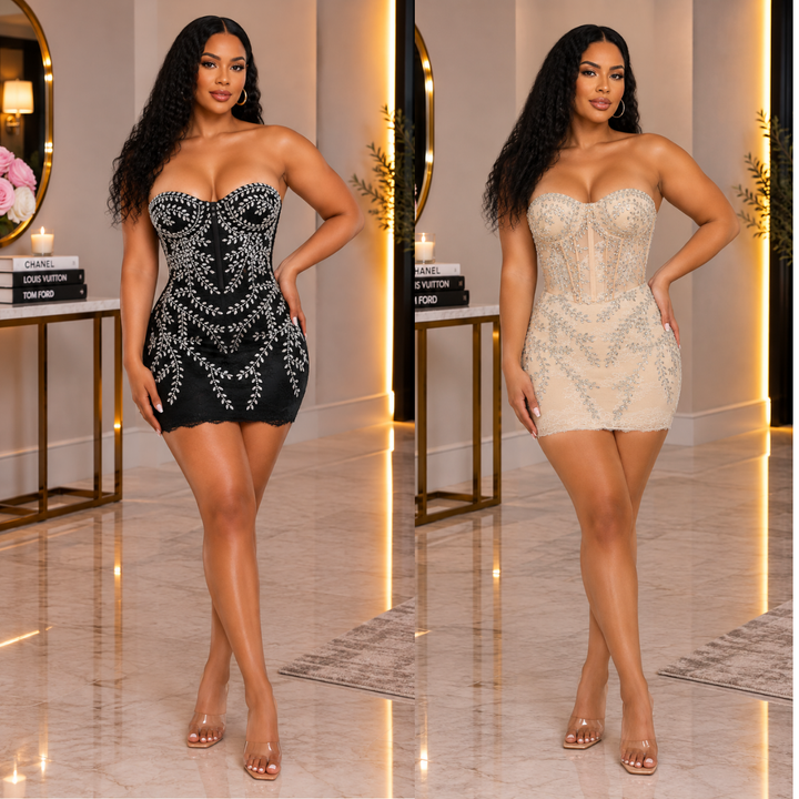 Luxe Rhinestone Corset Mini Dress – Strapless Embellished Party Dress