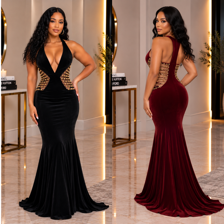 Velvet Desire Embellished Mermaid Gown – Plunging Neck Formal Evening Dress