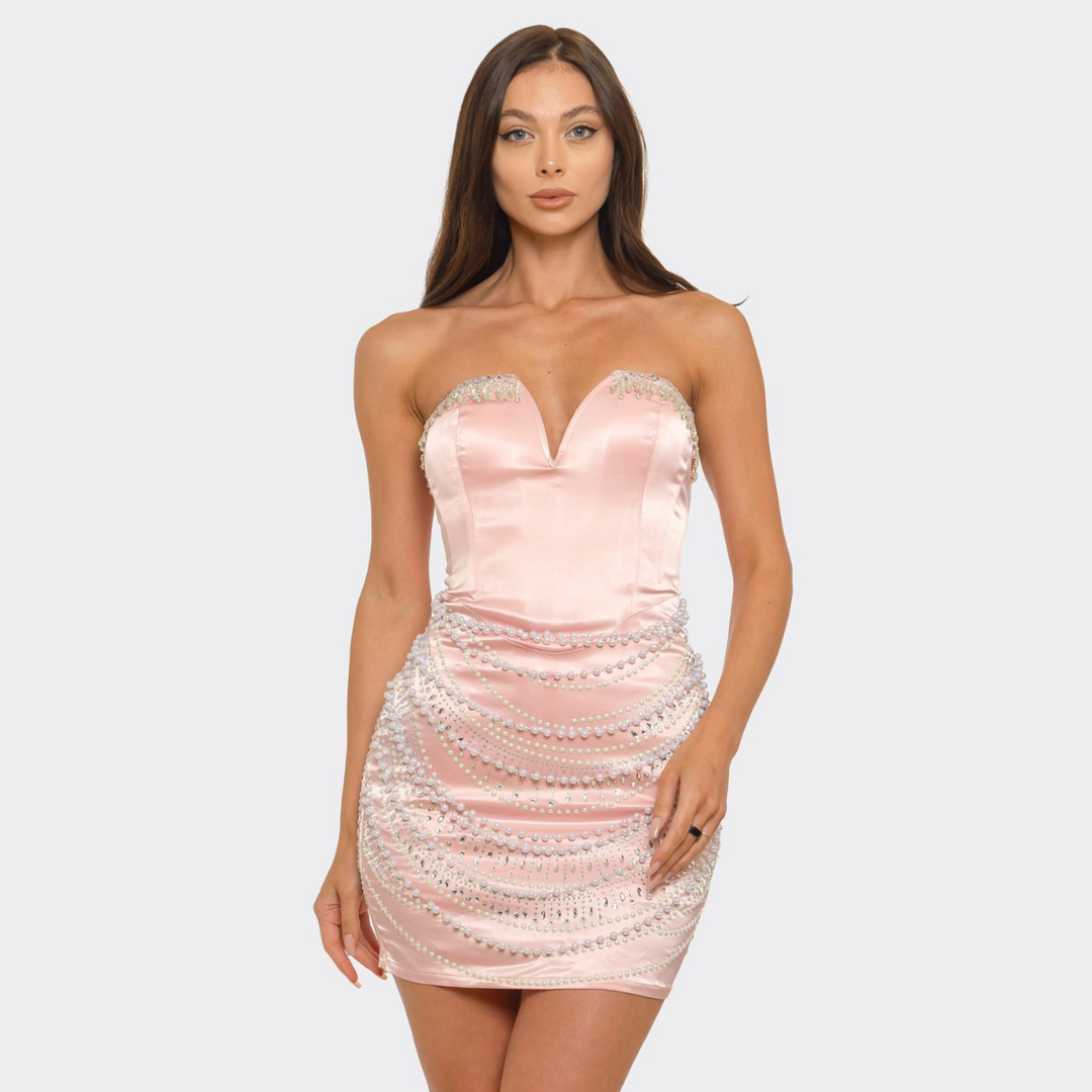 Princess Pearl Glam Mini Dress | Satin Rhinestone Bodycon Dress | La Belle Gina Boutique