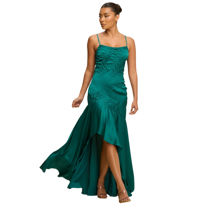 Silk Desire Ruched High-Low Maxi Dress – Elegant Satin Evening Dress | La Belle Gina Boutique
