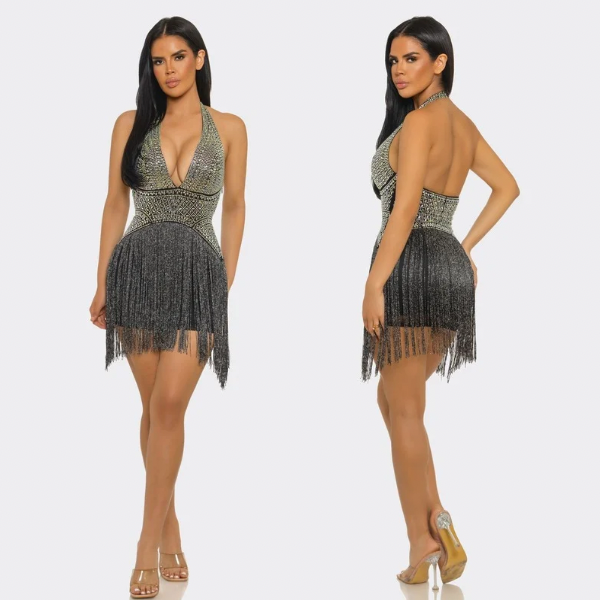 Midnight Glam Rhinestone Fringe Mini Dress – Halter Backless Party Dress