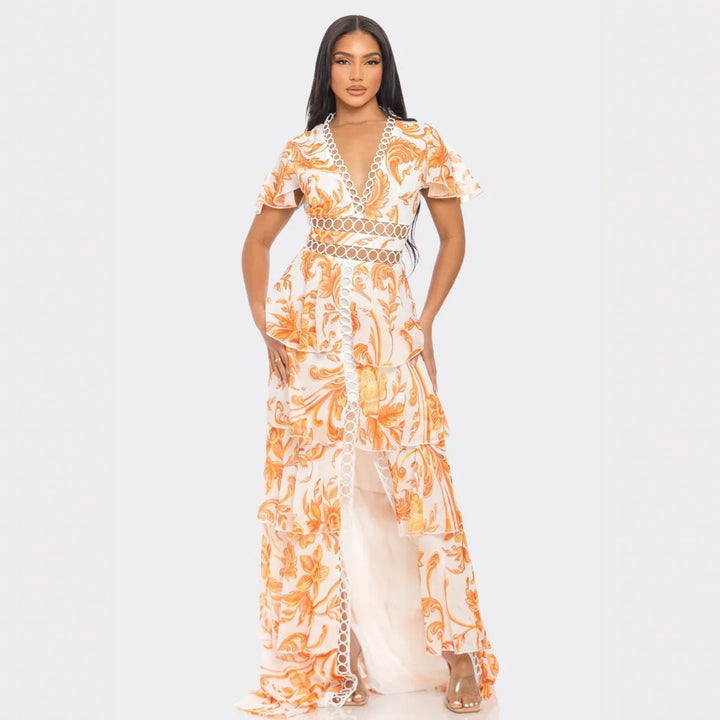 Tropical Print Maxi Dress with Cutout Waist & Tiered Skirt – Resort & Vacation Glam