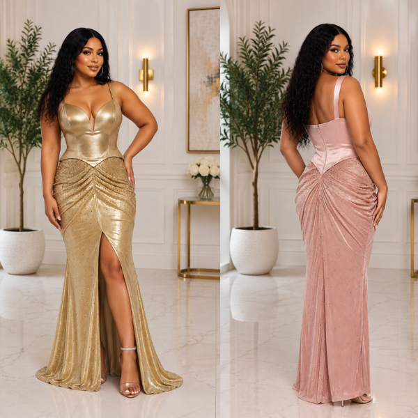 Golden Hour Rhinestone Corset Maxi Dress – Ruched High-Slit Formal Gown