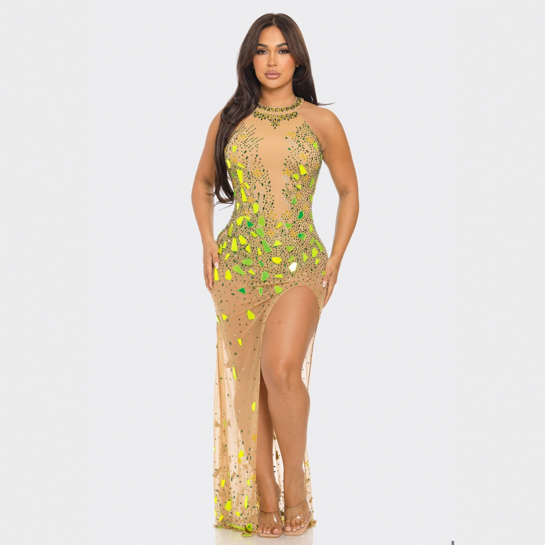 Glam Mirror Shard High Slit Gown – Sparkly Sheer Mesh Maxi Dress | La Belle Gina Boutique