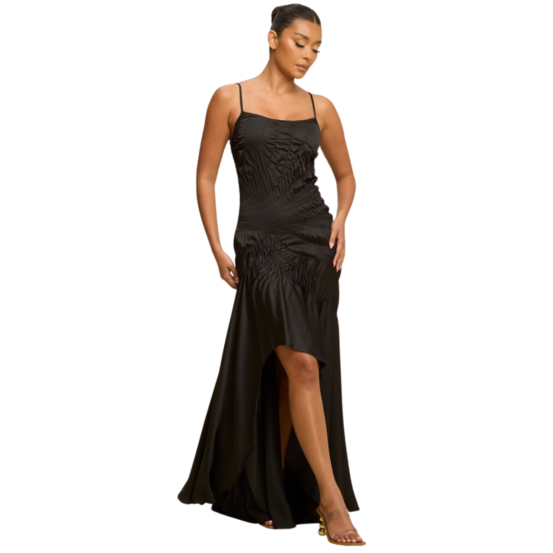 Silk Desire Ruched High-Low Maxi Dress – Elegant Satin Evening Dress | La Belle Gina Boutique