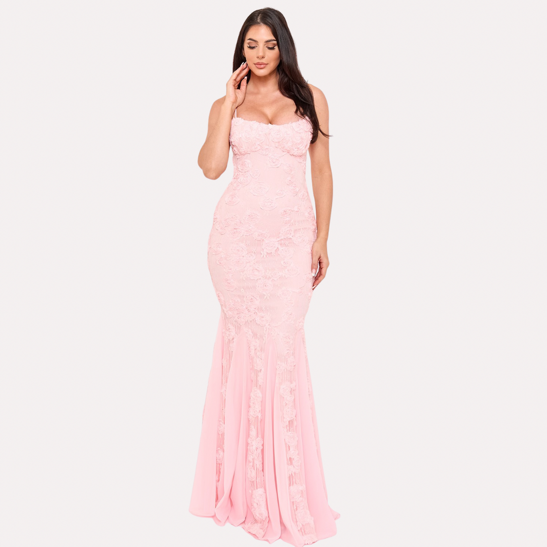 Blushing Rose Lace Mermaid Maxi Dress – Elegant Formal Evening Gown | La Belle Gina Boutique