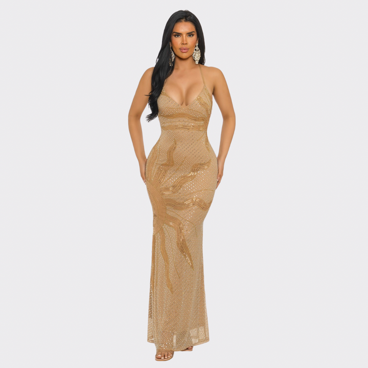 Golden Eclipse Rhinestone Mermaid Maxi Dress – Luxury Bodycon Evening Gown for Women