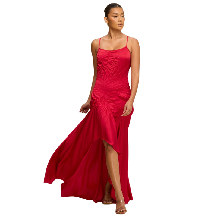 Silk Desire Ruched High-Low Maxi Dress – Elegant Satin Evening Dress | La Belle Gina Boutique