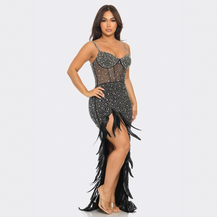 Midnight Luxe Feather Embellished Maxi Dress – Sheer Corset Rhinestone Evening Gown
