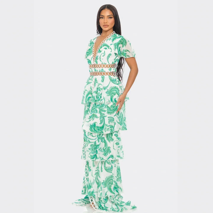 Tropical Print Maxi Dress with Cutout Waist & Tiered Skirt – Resort & Vacation Glam