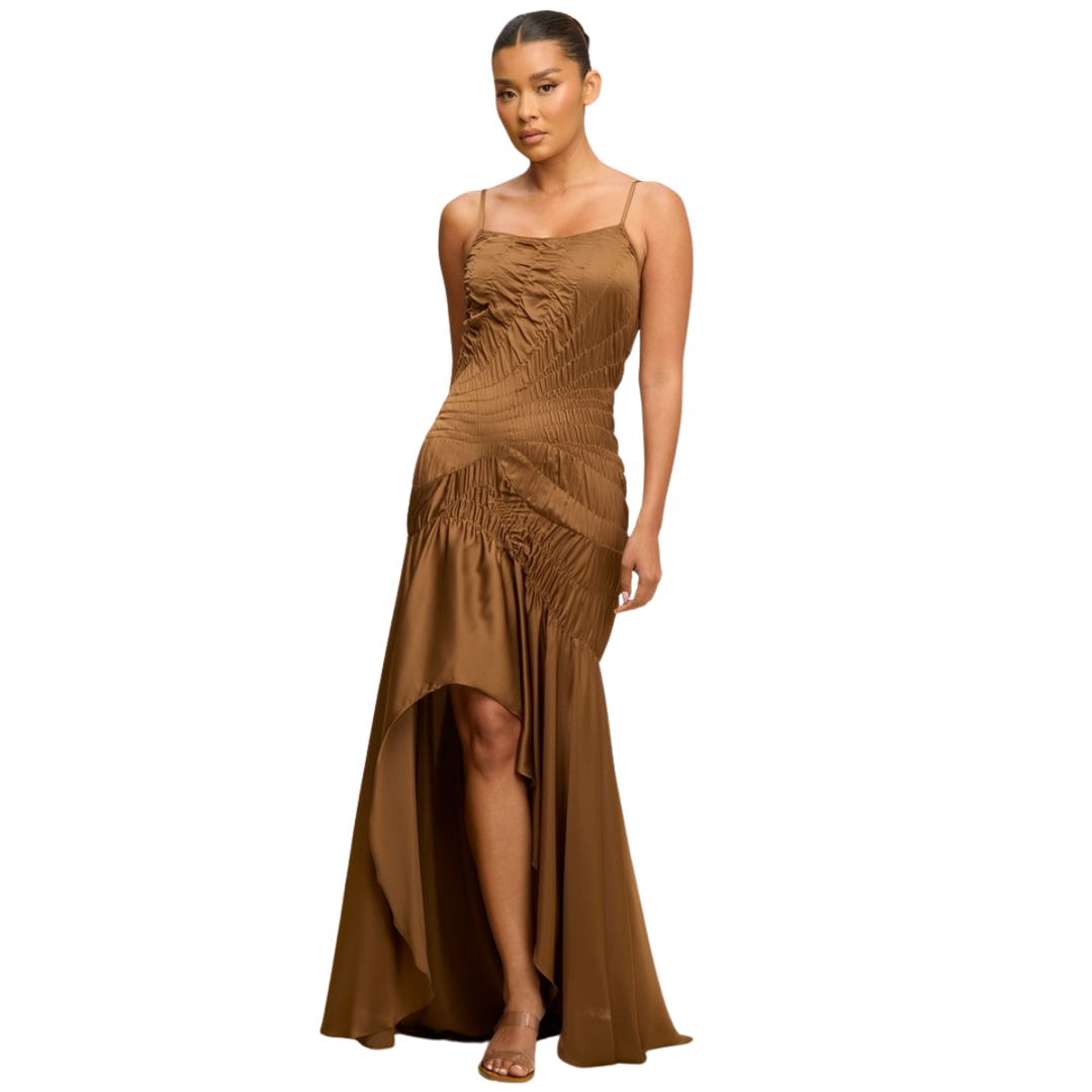 Silk Desire Ruched High-Low Maxi Dress – Elegant Satin Evening Dress | La Belle Gina Boutique
