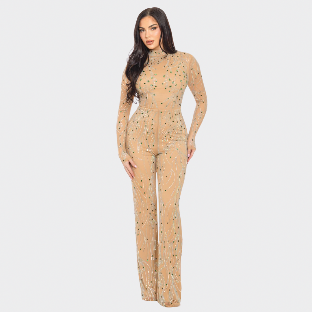 Nude Rhinestone Embellished Jumpsuit – Glam Long Sleeve Backless Outfit