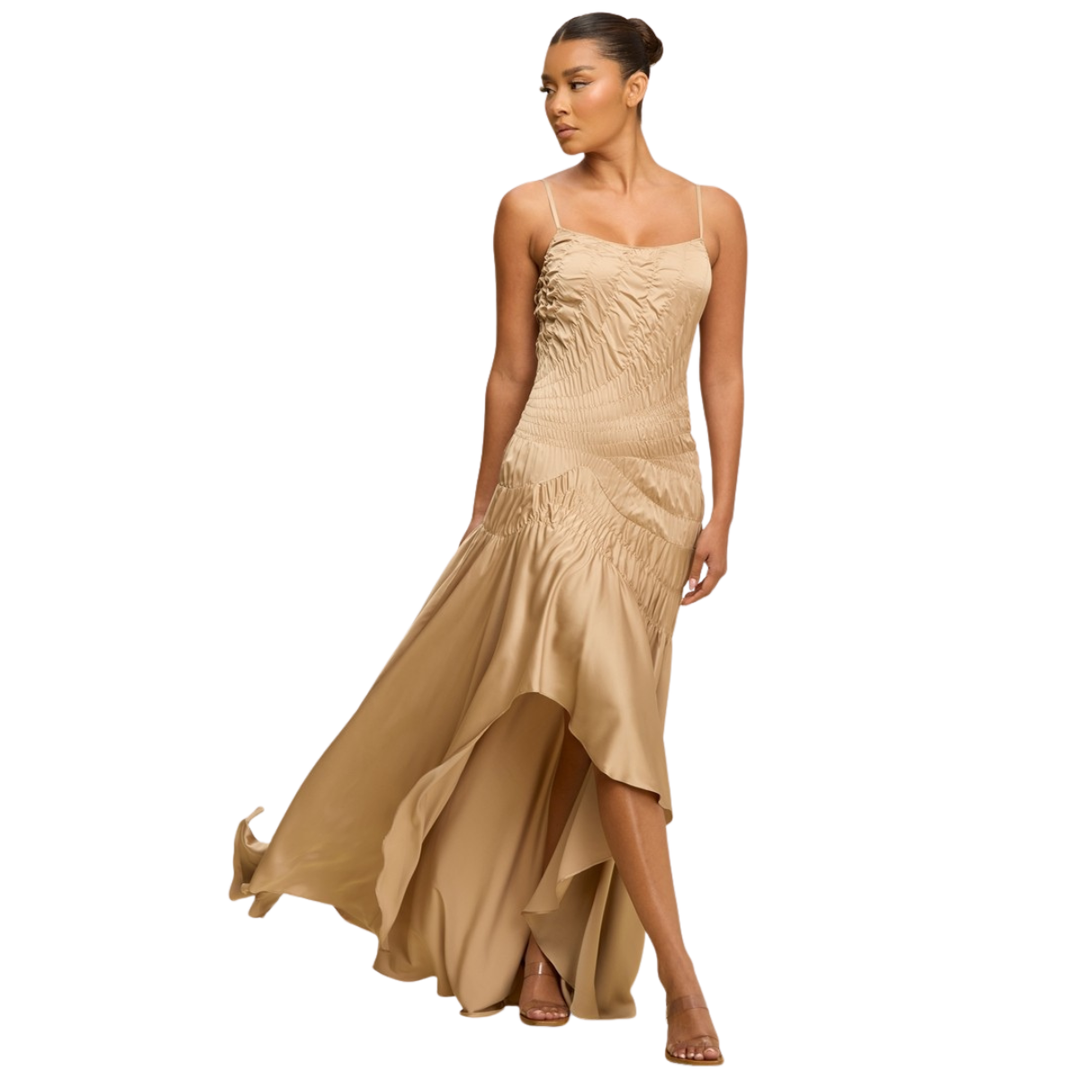 Silk Desire Ruched High-Low Maxi Dress – Elegant Satin Evening Dress | La Belle Gina Boutique