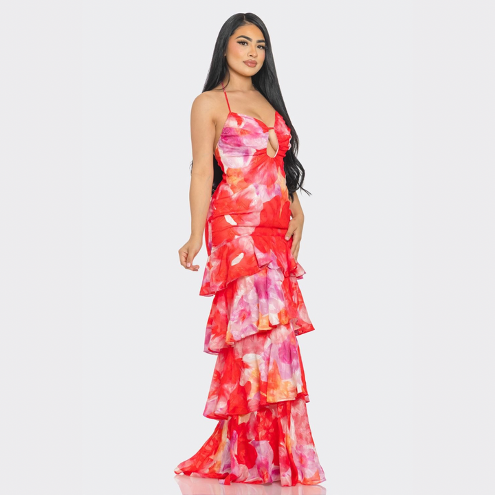 Tropical Desire Tiered Ruffle Maxi Dress – Cutout Halter Summer Dress