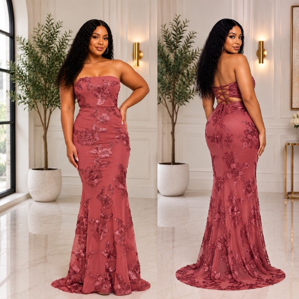 Rose Elegance Floral Lace Mermaid Maxi Dress – Strapless Lace-Up Formal Gown