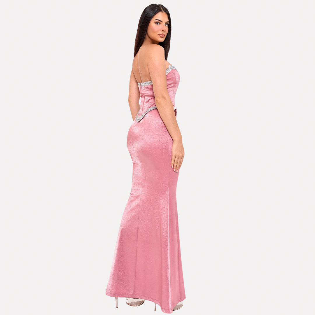 Celeste Glow Strapless Rhinestone Trim Mermaid Maxi Dress | La Belle Gina Boutique