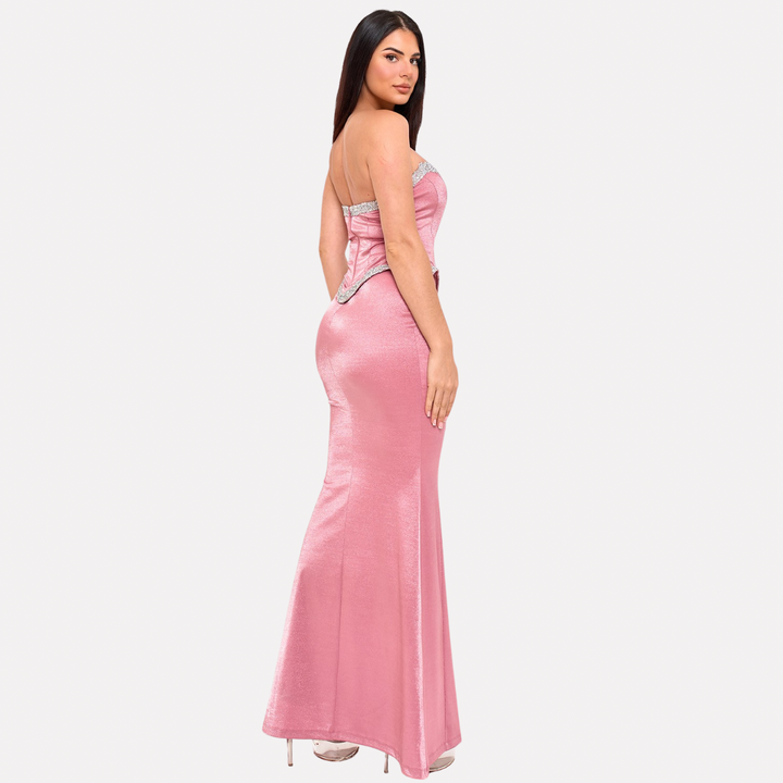 Celeste Glow Strapless Rhinestone Trim Mermaid Maxi Dress | La Belle Gina Boutique