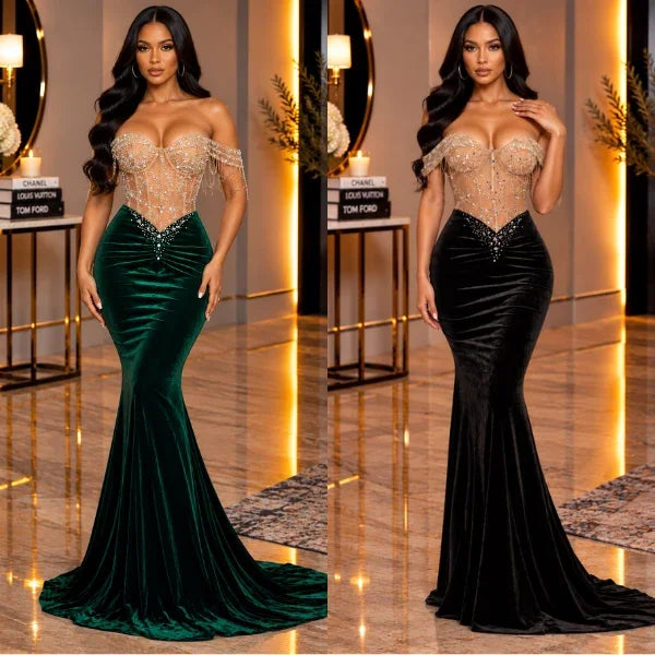 Royal Glam Rhinestone Corset Mermaid Maxi Dress – Luxury Off-Shoulder Velvet Evening Gown