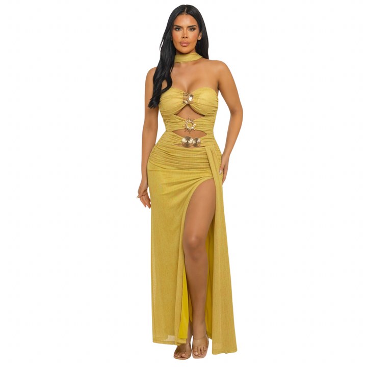 Women’s Ruched Cutout Maxi Dress with Gold Hardware – Strapless Bodycon Evening Gown with High Slit