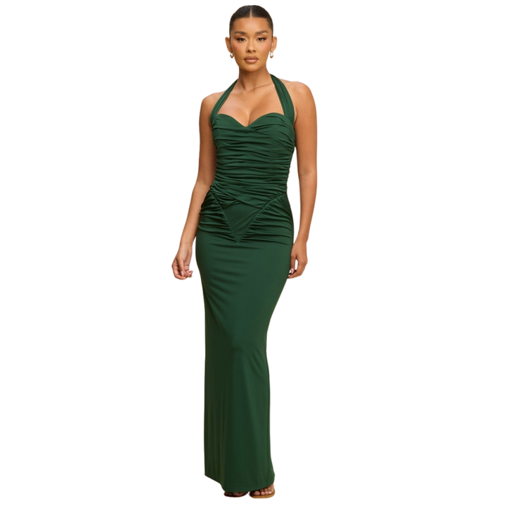 Scarlet Muse Ruched Halter Maxi Dress – Elegant Bodycon Evening Dress | La Belle Gina Boutique