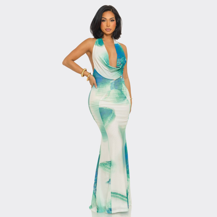 Sunset Muse Halter Cowl Neck Maxi Dress – Colorful Bodycon Evening & Vacation Dress | La Belle Gina Boutique