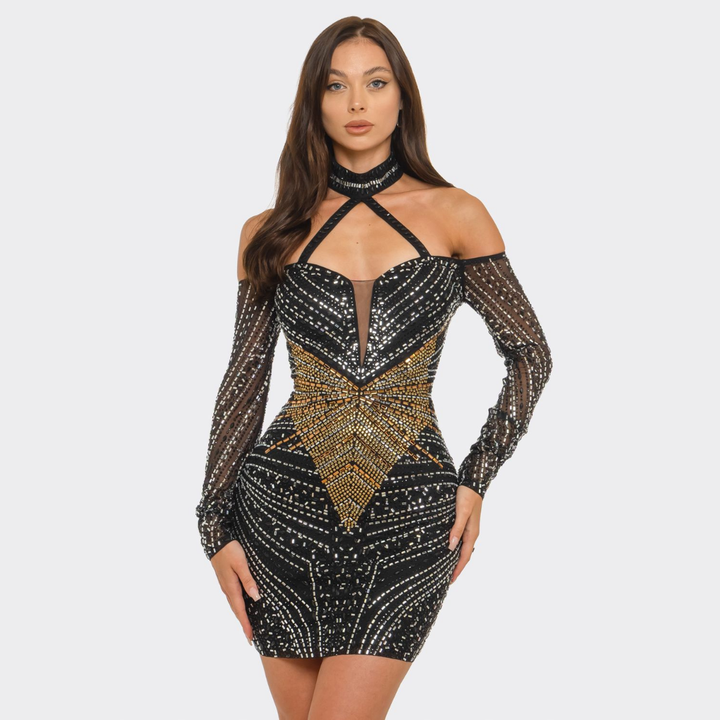 Midnight Luxe Rhinestone Mini Dress | Glam Sparkly Bodycon Party Dress | La Belle Gina Boutique