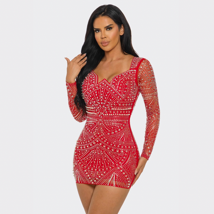 Luxury Rhinestone Long Sleeve Mini Dress – Sparkly Bodycon Party Dress | La Belle Gina Boutique