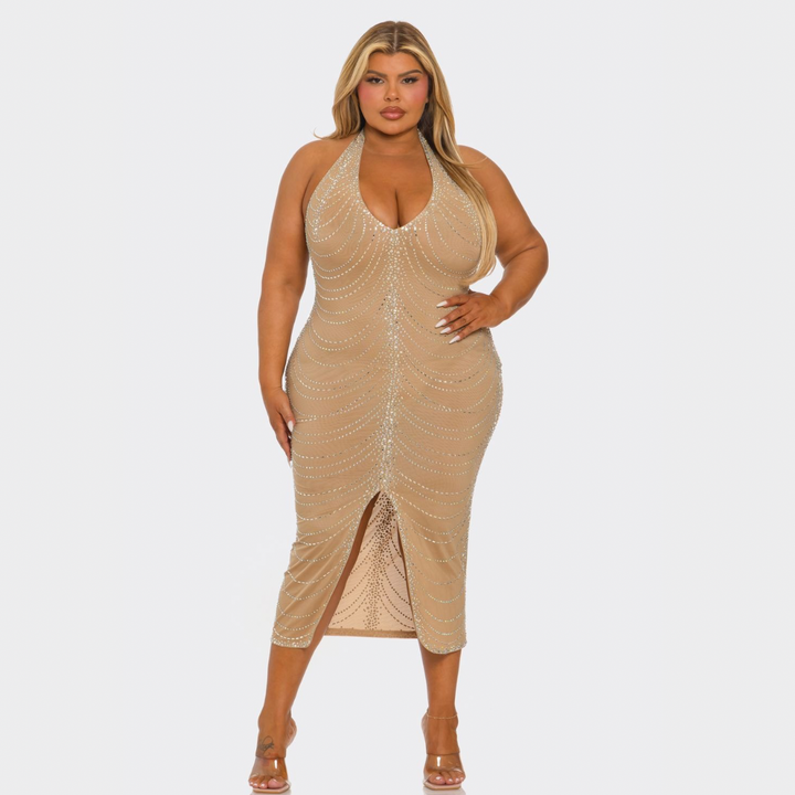Plus Size Nude Rhinestone Halter Midi Dress – La Belle Gina Boutique