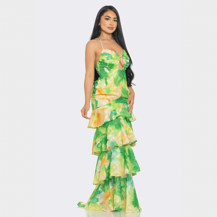 Tropical Desire Tiered Ruffle Maxi Dress – Cutout Halter Summer Dress