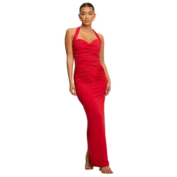 Scarlet Muse Ruched Halter Maxi Dress – Elegant Bodycon Evening Dress | La Belle Gina Boutique