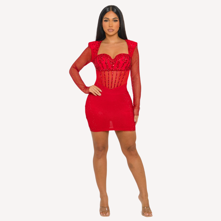Midnight Temptress Rhinestone Mesh Corset Mini Dress – Black & Red | La Belle Gina Boutique