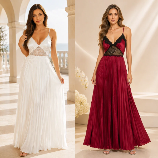 Amour Lace Pleated Maxi Dress – Romantic Cutout Flowy Evening Gown