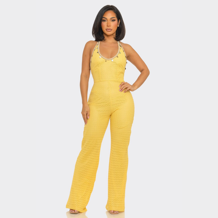 Soleil Crochet Halter Jumpsuit | Elegant Wide Leg Vacation Jumpsuit | La Belle Gina Boutique