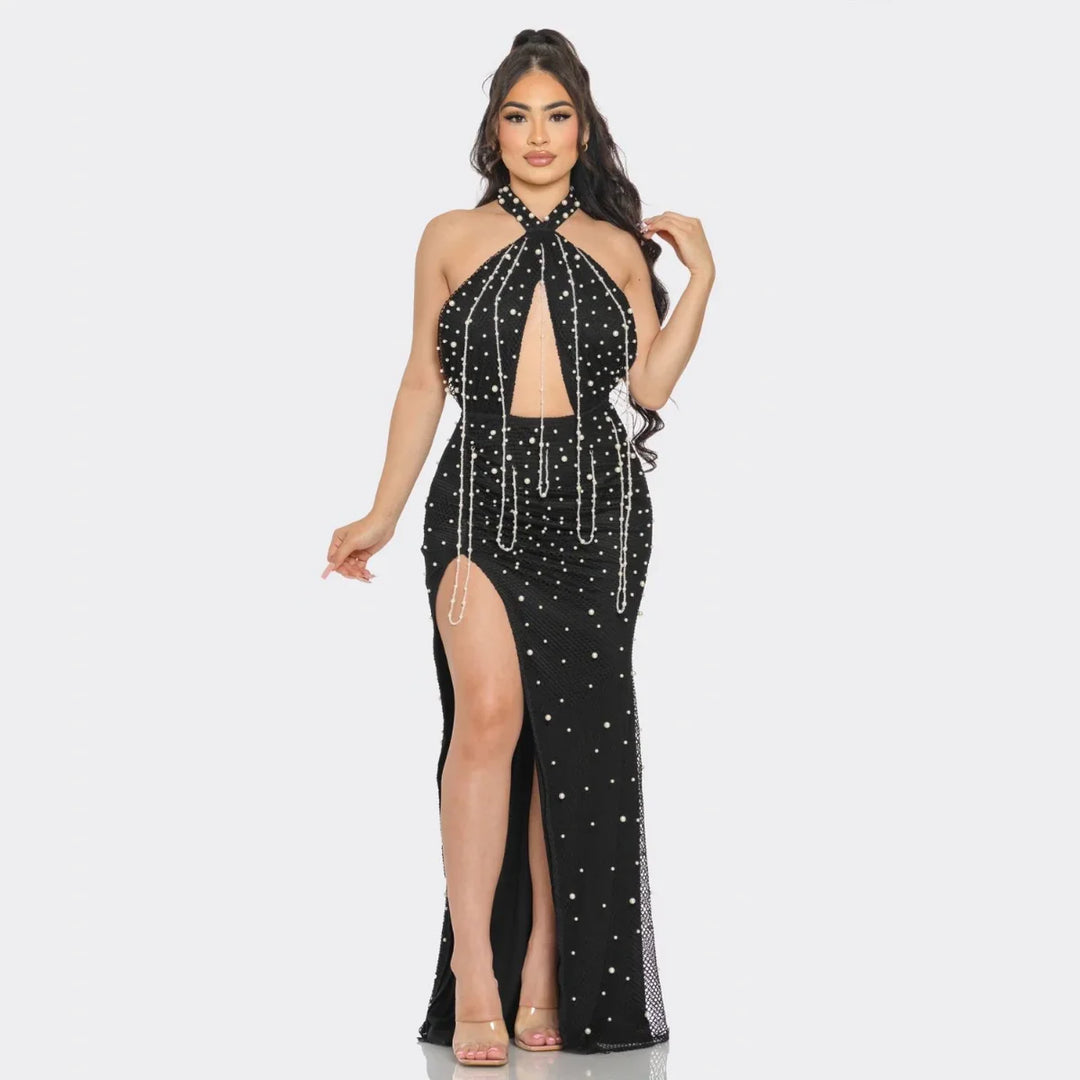 Black Pearl Halter Maxi Dress – Elegant Cut-Out Gown with Slit. – La