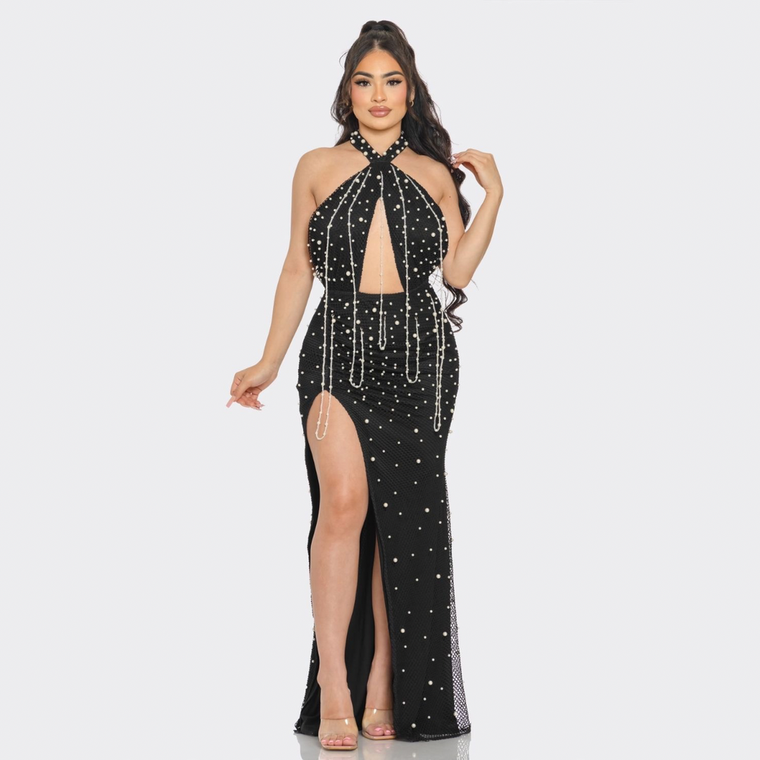 Black Pearl Halter Maxi Dress – Elegant Cutout Gown with Slit