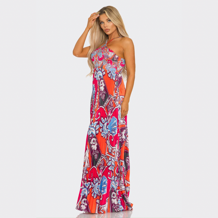 Luxury Printed Pleated Halter Maxi Dress – Resort Vacation Flowing Summer Dress for Women