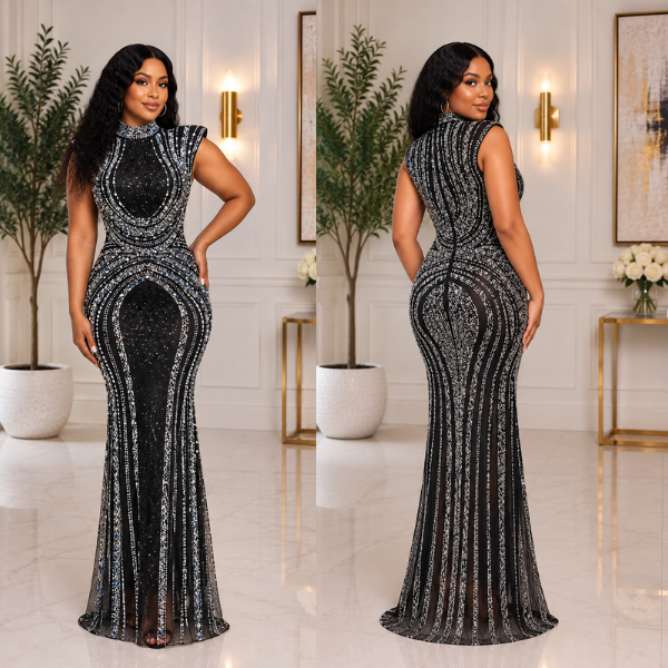 Midnight Majesty Black Rhinestone Mermaid Gown – Sheer Sparkle Evening Dress