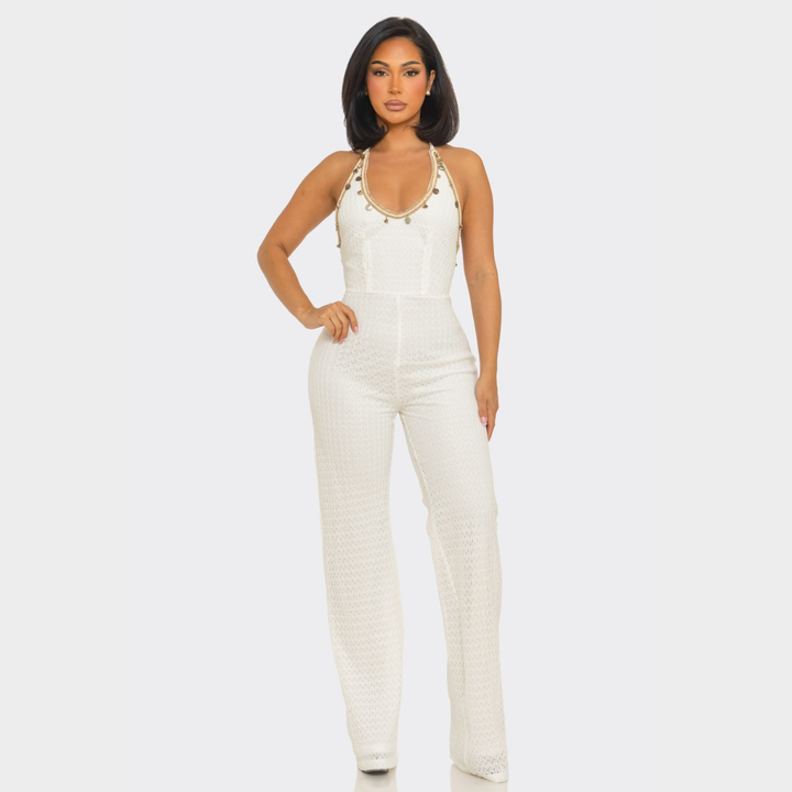 Soleil Crochet Halter Jumpsuit | Elegant Wide Leg Vacation Jumpsuit | La Belle Gina Boutique