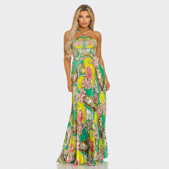 Luxury Printed Pleated Halter Maxi Dress – Resort Vacation Flowing Summer Dress for Women