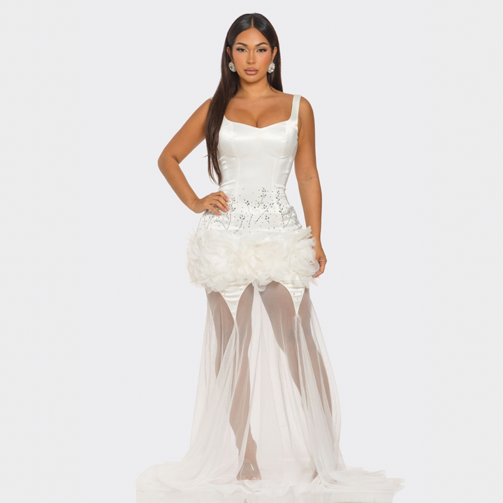White Satin Corset Mermaid Dress with Sheer Train – La Belle Gina Boutique