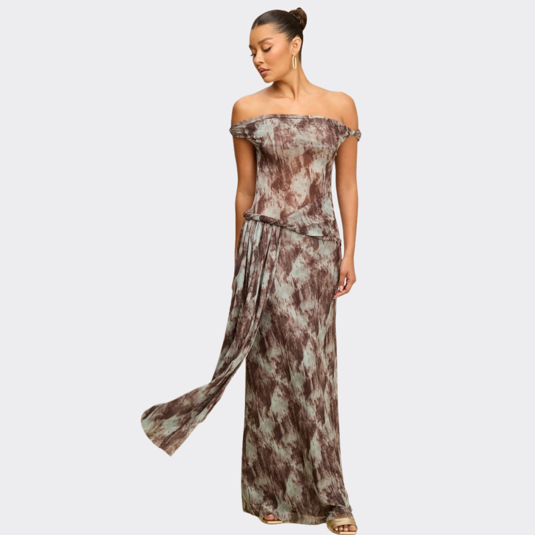 Golden Mirage Off-Shoulder Draped Maxi Dress – Elegant Tie-Dye Evening Dress for Women | La Belle Gina Boutique
