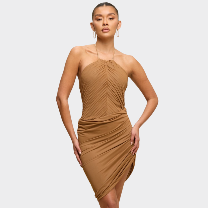 Monroe Pleated Halter Mini Dress | Elegant Ruched Bodycon Dress | La Belle Gina Boutique