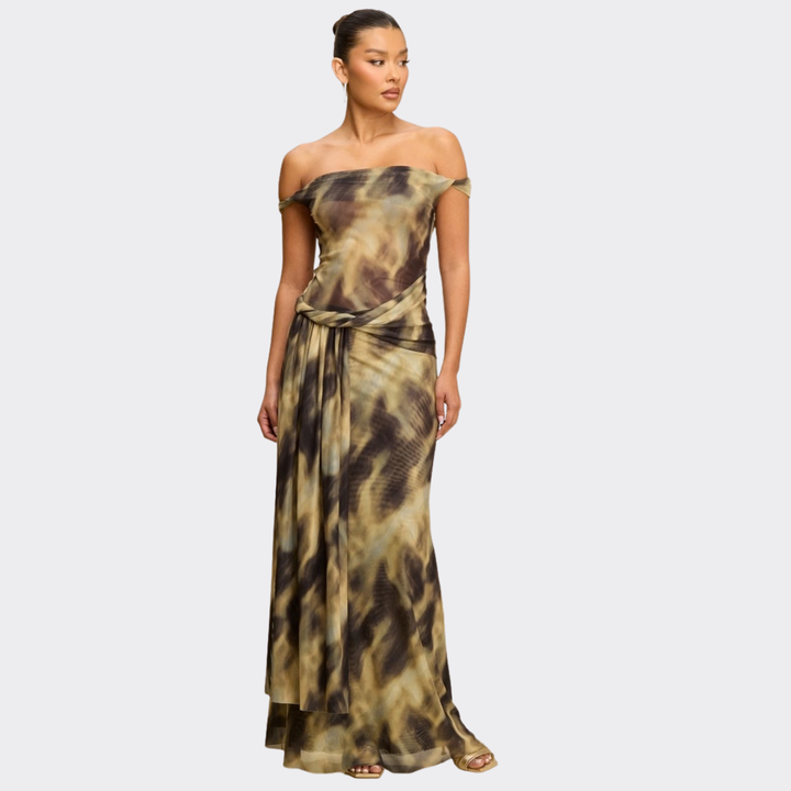 Golden Mirage Off-Shoulder Draped Maxi Dress – Elegant Tie-Dye Evening Dress for Women | La Belle Gina Boutique