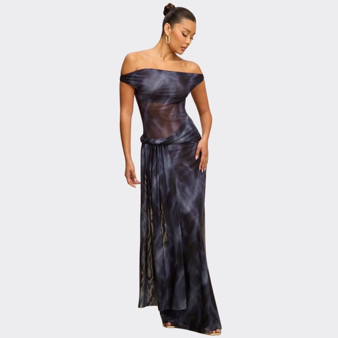 Golden Mirage Off-Shoulder Draped Maxi Dress – Elegant Tie-Dye Evening Dress for Women | La Belle Gina Boutique