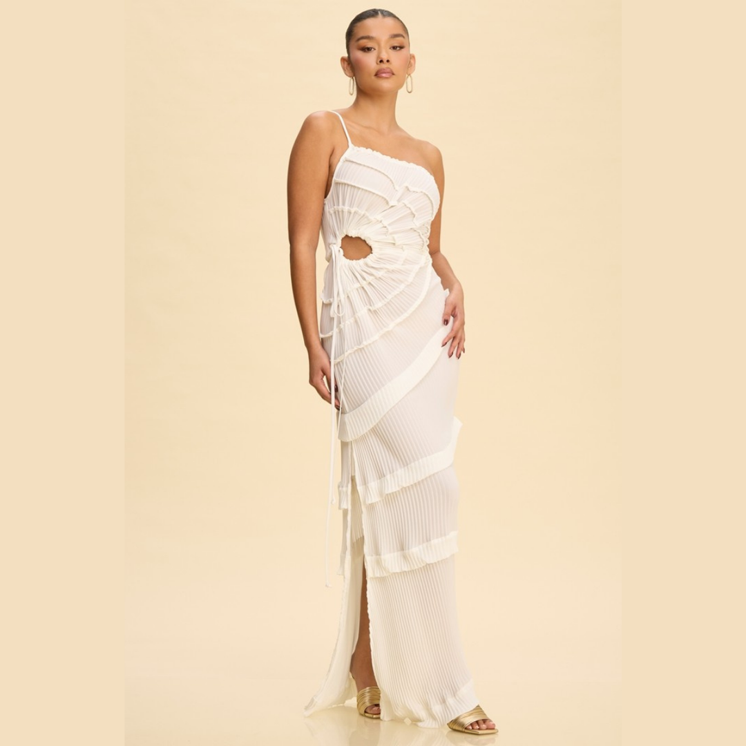 Selene Pleated Cutout Maxi Dress | Elegant One Shoulder Ruffle Dress | La Belle Gina Boutique