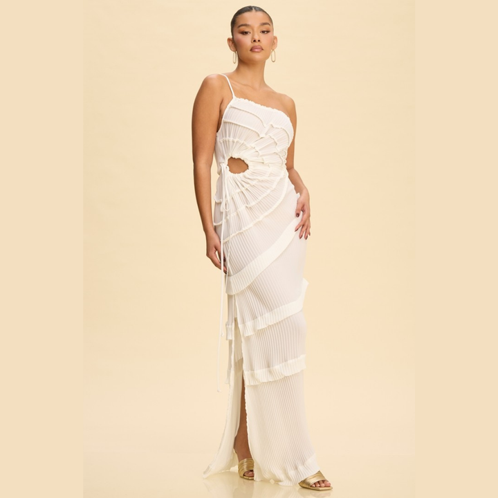 Selene Pleated Cutout Maxi Dress | Elegant One Shoulder Ruffle Dress | La Belle Gina Boutique